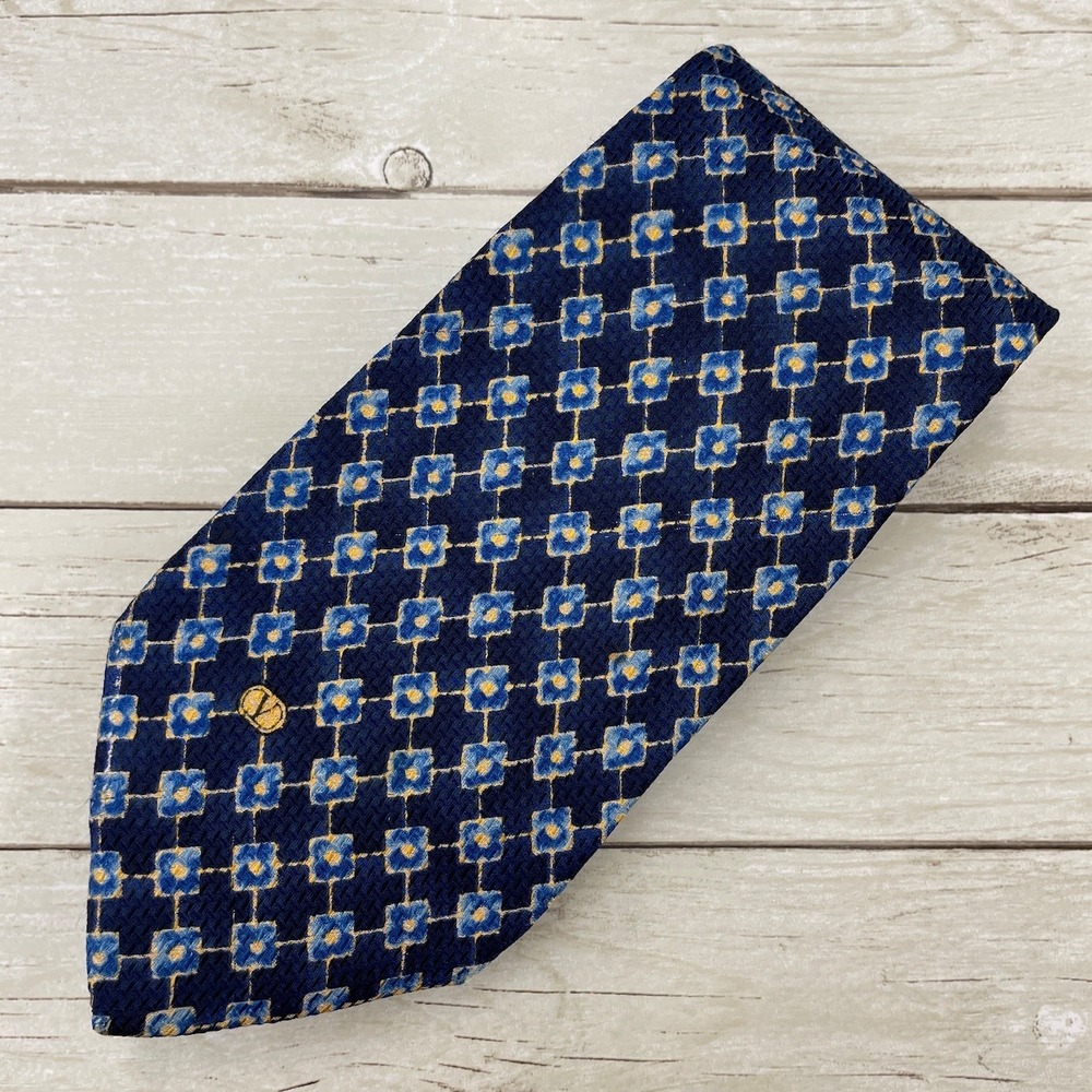 Valentino Cravatte Silk Tie Navy Blue Yellow Geometric Floral Made in Italy
